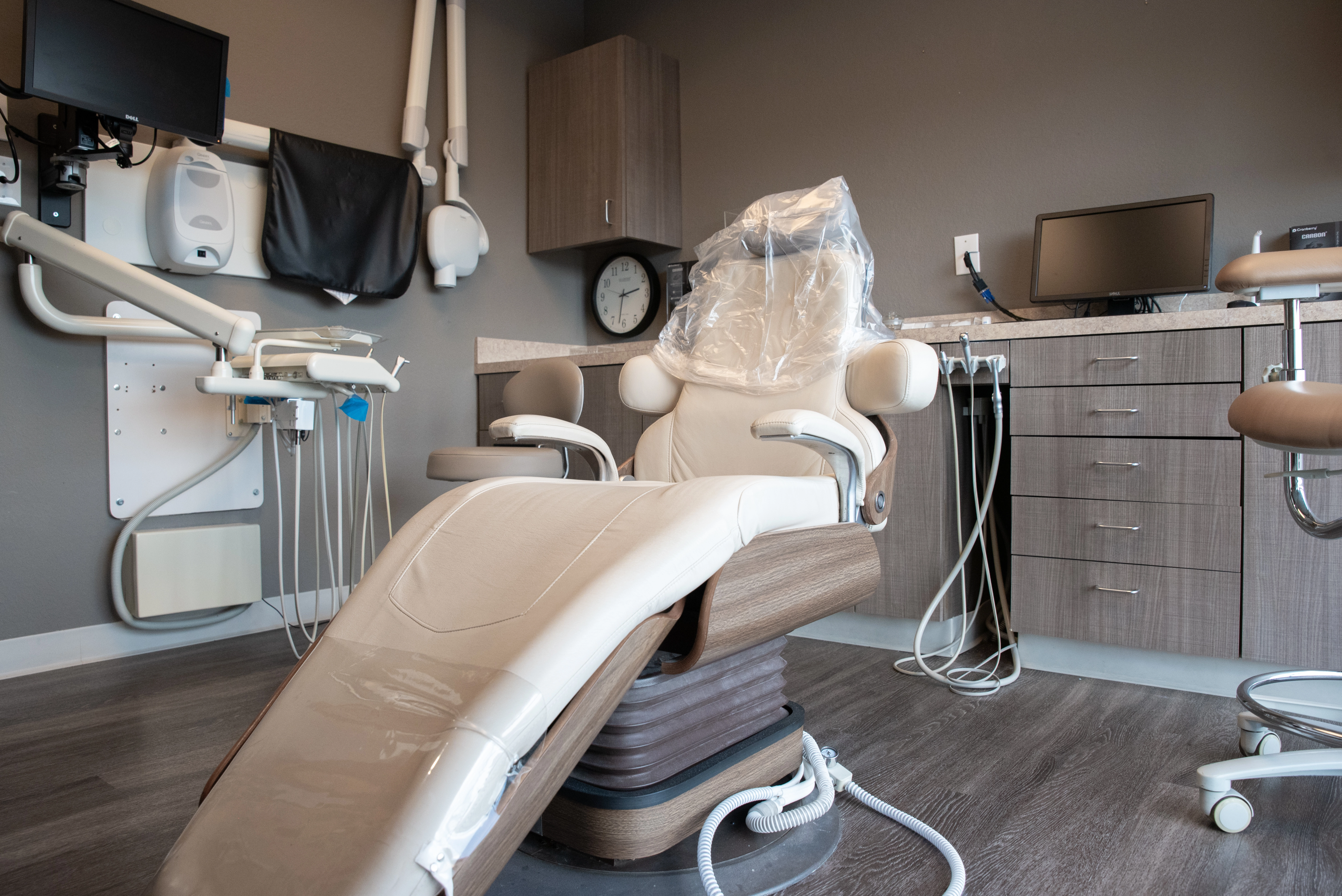 Close up of light beige dental exam chair